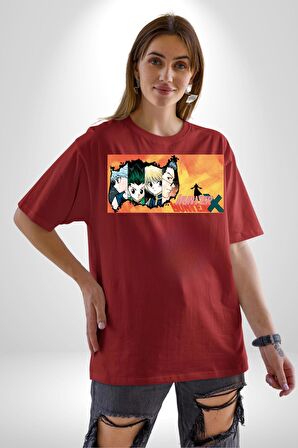 Hunter X Hunter Anime  Pamuklu Bisiklet Yaka Kadın Erkek Oversize Boyfriend Dijital Baskılı Kırmızı T-shirt