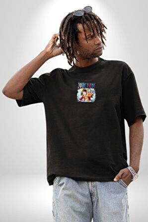 OP Manga Anime Monkey D.Luffy Siyah Oversize Kadın Erkek Ön Orta Minimal Baskılı Tişört
