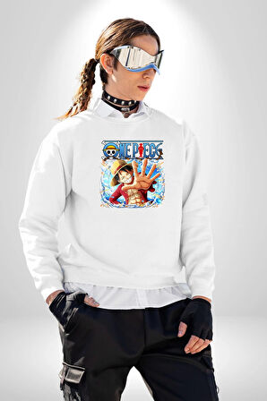 OP Manga Anime Monkey D.Luffy Kadın Erkek Beyaz Sweatshirt 