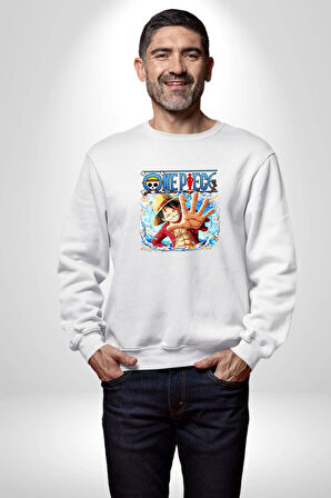 OP Manga Anime Monkey D.Luffy Kadın Erkek Beyaz Sweatshirt 