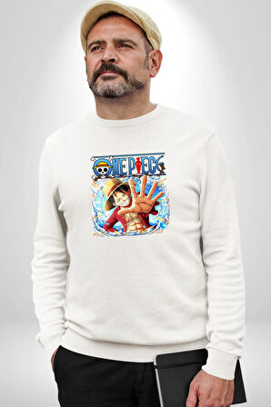 OP Manga Anime Monkey D.Luffy Kadın Erkek Beyaz Sweatshirt 
