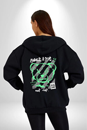 Savaşma Teddy Bear Kadın Erkek Siyah Kapüşonlu Fermuarlı Baskılı Hırka Sweatshirt