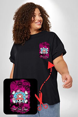 Toni Toni Chopper One Piece Anime Siyah Büyük Beden Kadın Basic Minimal Baskılı Tişört
