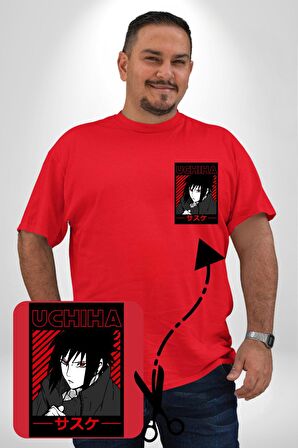 Sasuke Uchiha Sembolü Anime Kırmızı Büyük Beden Kadın Basic Minimal Baskılı Tişört