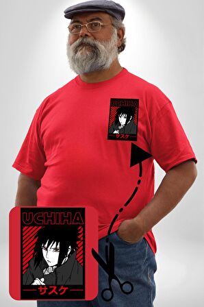 Sasuke Uchiha Sembolü Anime Kırmızı Büyük Beden Kadın Basic Minimal Baskılı Tişört