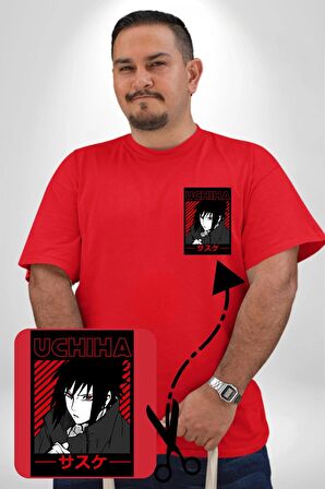 Sasuke Uchiha Sembolü Anime Kırmızı Büyük Beden Kadın Basic Minimal Baskılı Tişört