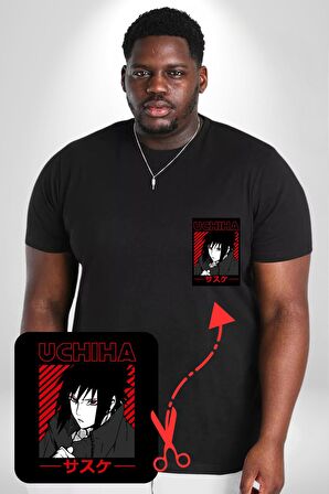 Sasuke Uchiha Sembolü Anime Siyah Büyük Beden Kadın Basic Minimal Baskılı Tişört