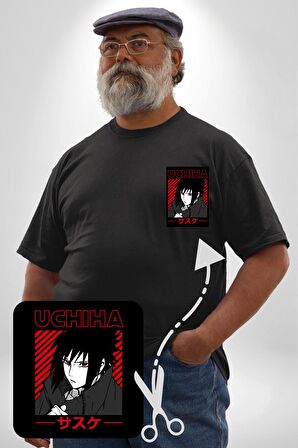 Sasuke Uchiha Sembolü Anime Siyah Büyük Beden Kadın Basic Minimal Baskılı Tişört