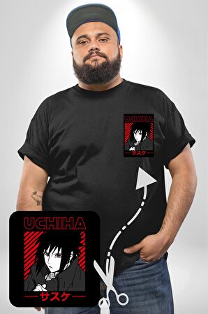 Sasuke Uchiha Sembolü Anime Siyah Büyük Beden Kadın Basic Minimal Baskılı Tişört