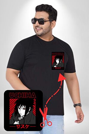 Sasuke Uchiha Sembolü Anime Siyah Büyük Beden Kadın Basic Minimal Baskılı Tişört