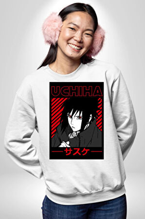 Sasuke Uchiha Sembolü Anime Kadın Erkek Beyaz Sweatshirt 