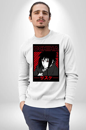 Sasuke Uchiha Sembolü Anime Kadın Erkek Beyaz Sweatshirt 