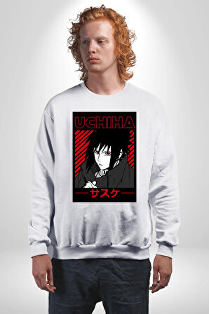 Sasuke Uchiha Sembolü Anime Kadın Erkek Beyaz Sweatshirt 