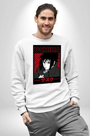 Sasuke Uchiha Sembolü Anime Kadın Erkek Beyaz Sweatshirt 
