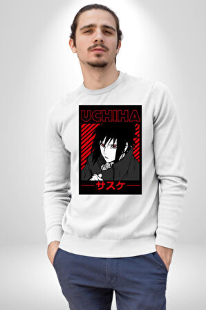 Sasuke Uchiha Sembolü Anime Kadın Erkek Beyaz Sweatshirt 