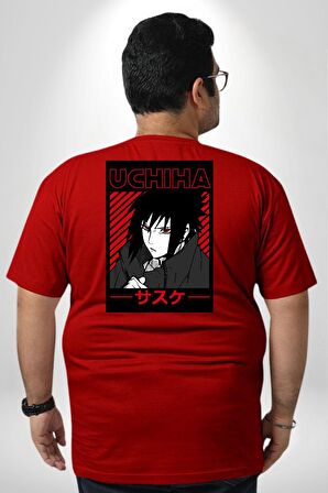 Sasuke Uchiha Sembolü Anime Büyük Beden Kırmızı Tişört Kadın Erkek Ünisex Sırt Baskılı