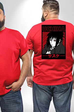 Sasuke Uchiha Sembolü Anime Büyük Beden Kırmızı Tişört Kadın Erkek Ünisex Sırt Baskılı