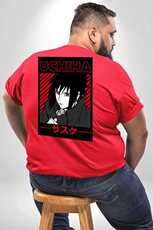 Sasuke Uchiha Sembolü Anime Büyük Beden Kırmızı Tişört Kadın Erkek Ünisex Sırt Baskılı