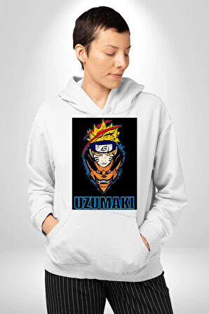 Uzumaki Naruto Anime Kadın Erkek  Beyaz Kapüşonlu Sweatshirt Hoodie