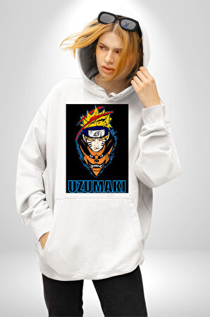 Uzumaki Naruto Anime Kadın Erkek  Beyaz Kapüşonlu Sweatshirt Hoodie