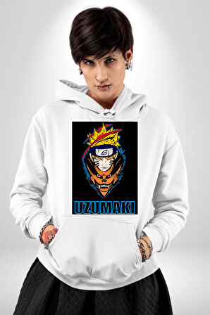 Uzumaki Naruto Anime Kadın Erkek  Beyaz Kapüşonlu Sweatshirt Hoodie