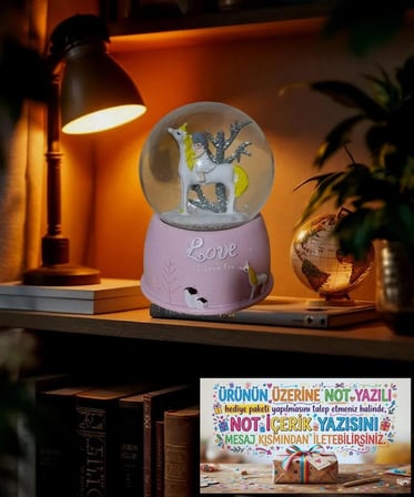 Unicorn  pilli Işıklı Müzikli Sulu polyester 10 cm *6,5 cm Kar Küresi (dilediğiniz notu hediye paketi üzerine yazılı şeklinde gönderim yapılmaktadır)