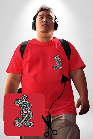 Mickey Yeni Nesil Tasarım Kırmızı Büyük Beden Kadın Basic Minimal Baskılı Tişört