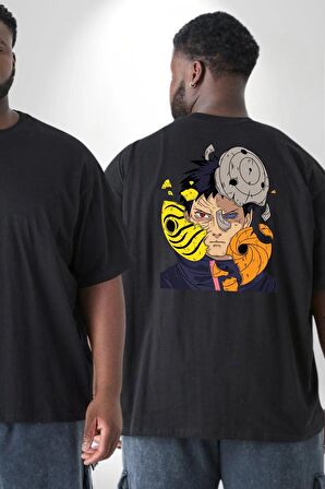 Obito Uchiha Anime Büyük Beden Siyah Tişört Kadın Erkek Ünisex Sırt Baskılı