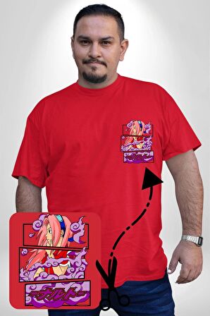 Sakura Haruno Anime Kırmızı Büyük Beden Kadın Basic Minimal Baskılı Tişört