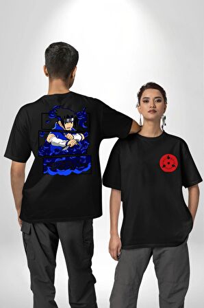 Sasuke Uchiha Anime Siyah Oversize Kadın Erkek Ön ve Sırt Baskılı Tişört