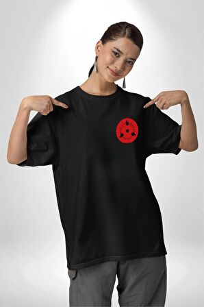 Sasuke Uchiha Anime Siyah Oversize Kadın Erkek Ön ve Sırt Baskılı Tişört