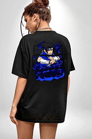 Sasuke Uchiha Anime Siyah Oversize Kadın Erkek Ön ve Sırt Baskılı Tişört