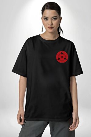 Sasuke Uchiha Anime Siyah Oversize Kadın Erkek Ön ve Sırt Baskılı Tişört