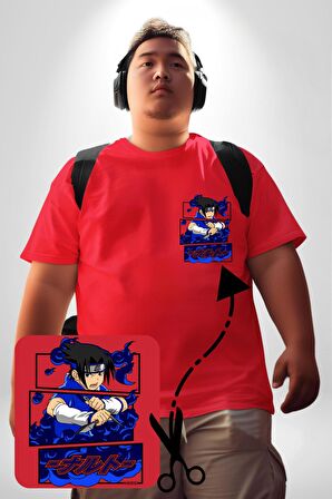 Sasuke Uchiha Anime Kırmızı Büyük Beden Kadın Basic Minimal Baskılı Tişört