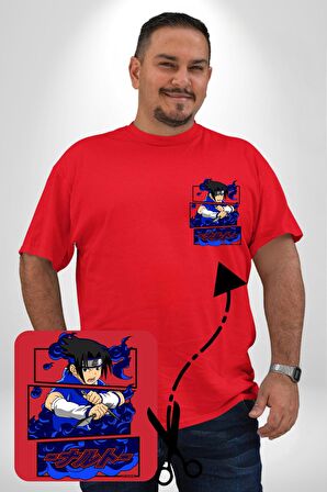 Sasuke Uchiha Anime Kırmızı Büyük Beden Kadın Basic Minimal Baskılı Tişört