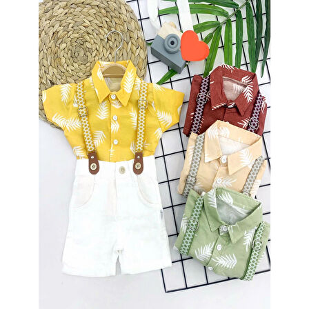 9-12-18-24 Ay Pamuk Keten Kumaş Hawai Gömlek Lastik Askılı 2li Erkek Bebek Takımı