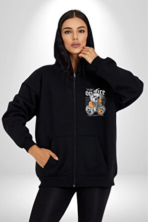 Ateşli Teddy Kadın Erkek Siyah Kapüşonlu Fermuarlı Baskılı Hırka Sweatshirt
