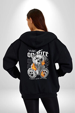 Ateşli Teddy Kadın Erkek Siyah Kapüşonlu Fermuarlı Baskılı Hırka Sweatshirt