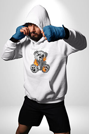 Ateşli Teddy Kadın Erkek  Beyaz Kapüşonlu Sweatshirt Hoodie