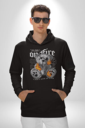 Ateşli Teddy Kadın Erkek  Siyah Kapüşonlu Sweatshirt Hoodie