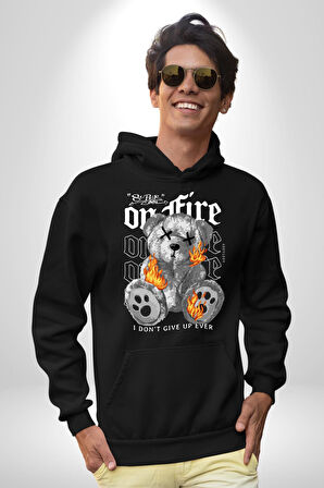 Ateşli Teddy Kadın Erkek  Siyah Kapüşonlu Sweatshirt Hoodie