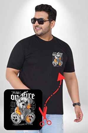 Ateşli Teddy Siyah Büyük Beden Kadın Basic Minimal Baskılı Tişört