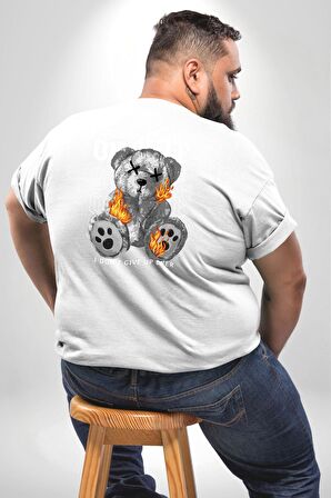 Ateşli Teddy Büyük Beden Beyaz Tişört Kadın Erkek Ünisex Sırt Baskılı