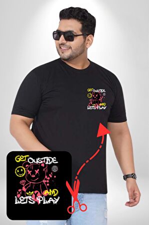 Dışarı Çık Ve Oynayalım Teddy Siyah Büyük Beden Kadın Basic Minimal Baskılı Tişört