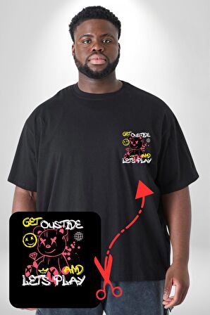 Dışarı Çık Ve Oynayalım Teddy Siyah Büyük Beden Kadın Basic Minimal Baskılı Tişört