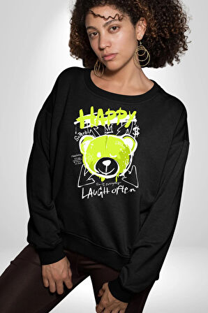 Sık Sık Mutlu Gülmek Teddy Bear Kadın Erkek Siyah Sweatshirt 