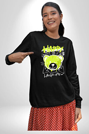 Sık Sık Mutlu Gülmek Teddy Bear Kadın Erkek Siyah Sweatshirt 