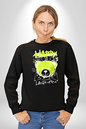 Sık Sık Mutlu Gülmek Teddy Bear Kadın Erkek Siyah Sweatshirt 