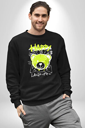 Sık Sık Mutlu Gülmek Teddy Bear Kadın Erkek Siyah Sweatshirt 