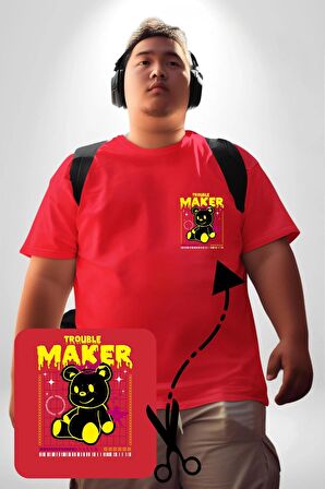 Baş Belası Teddy Kırmızı Büyük Beden Kadın Basic Minimal Baskılı Tişört